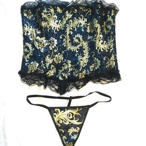 Sexy Gold&Navy Blue Corset w/ Matching Thong
